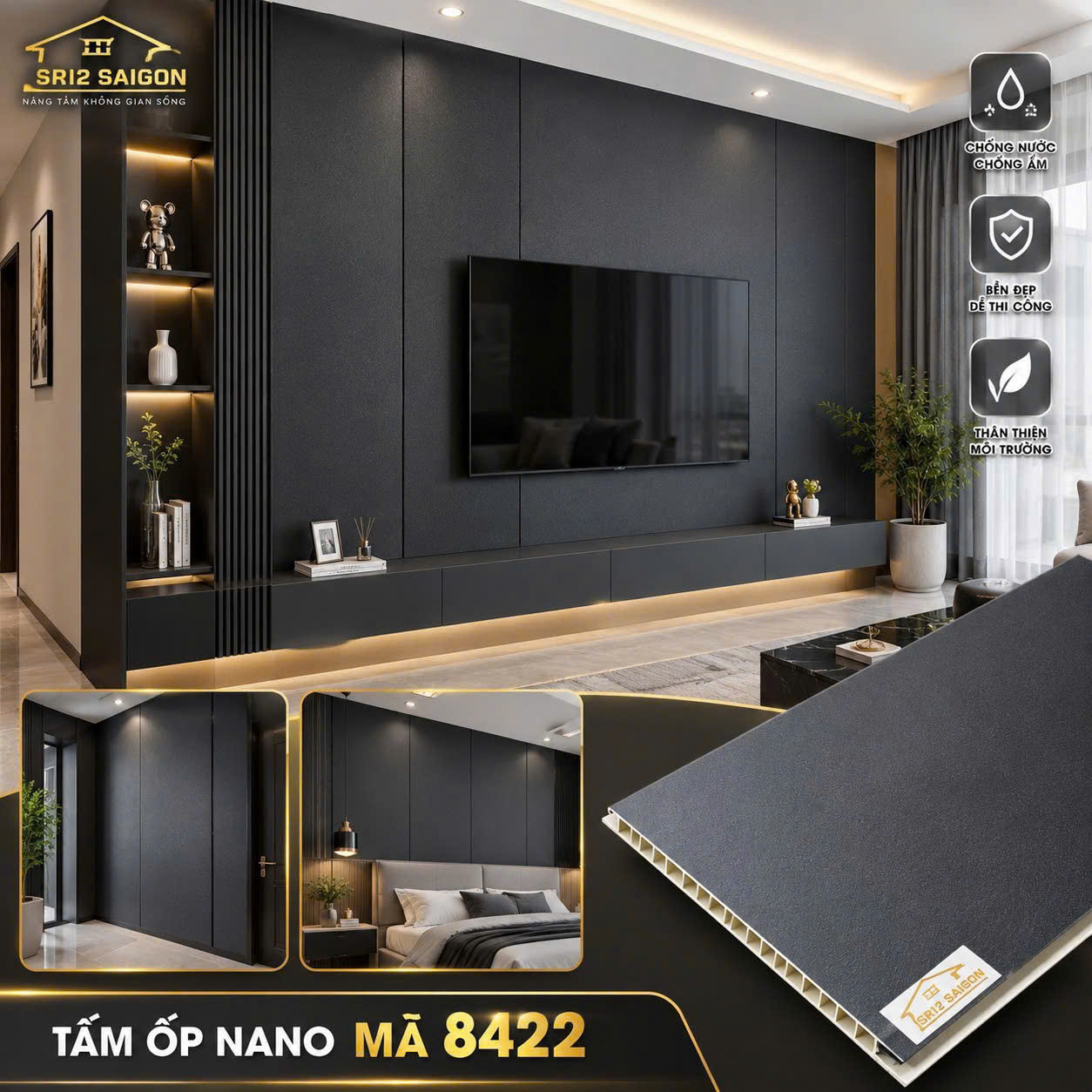 Tấm ốp tường - Vách TV - Mã 8422 - Đen huyền bí