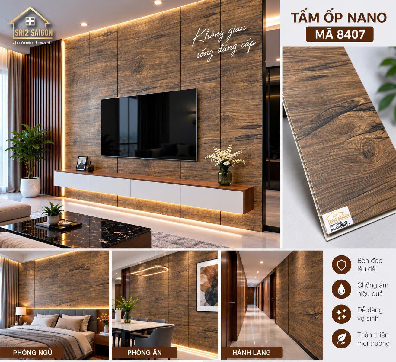 Tấm ốp Nano - Vách TV - Mã 8407 - Gỗ nâu, óc chó