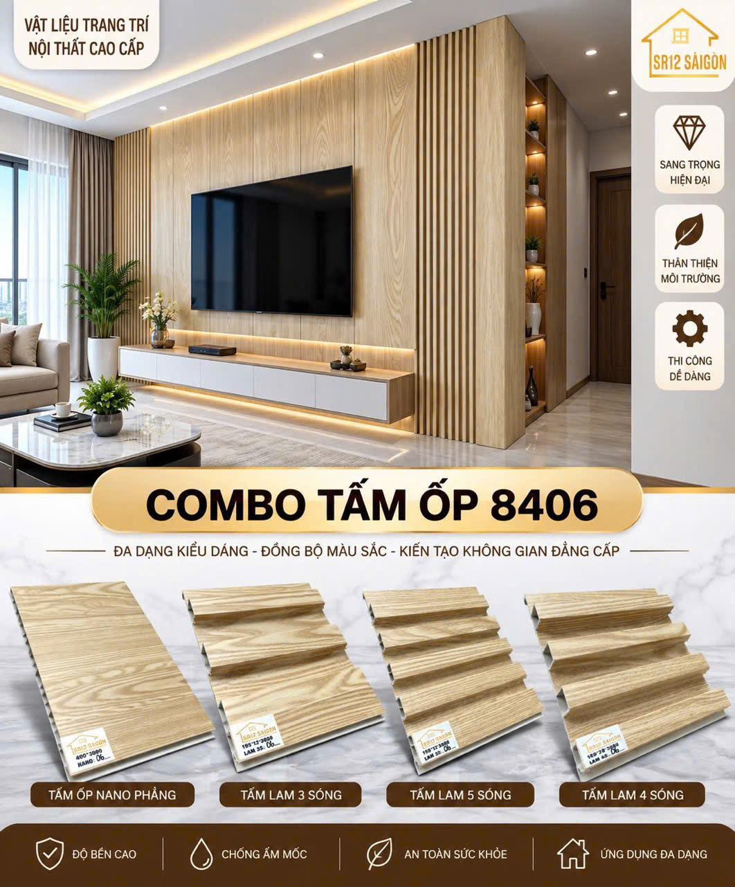 Tấm ốp Nano - Vách TV - Mã 8406 - Gỗ sồi, gỗ vàng